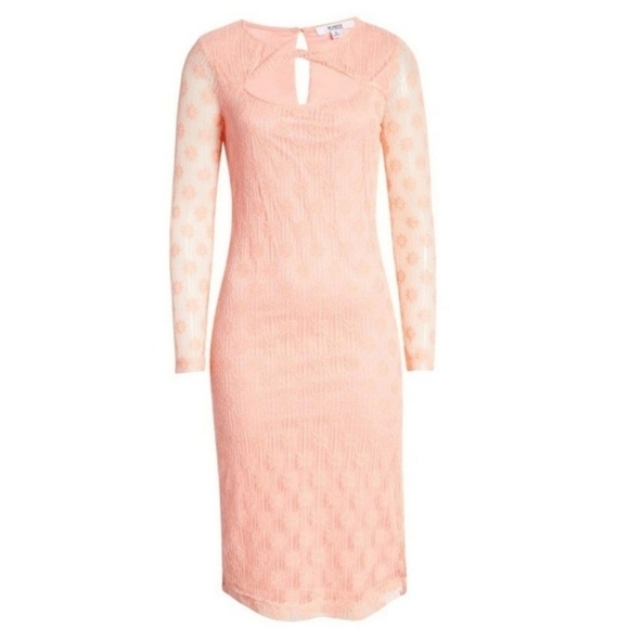 NWT BB Dakota Steve Madden Twist Neckline Lace Amici Dress Coral Sz L Bodycon - Picture 3 of 13